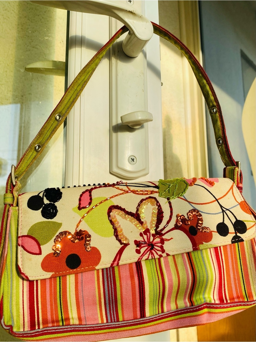 Far Nine Floral Stripe Shoulder Bag Pink Lime Sequin Boho Y2K